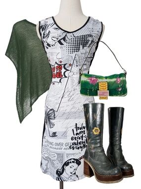 Dolcezza Black & White Comic Dress Midi Sleeveless Size Small